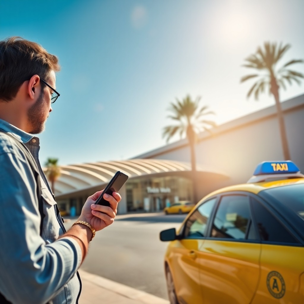 Touriste réservant un transport officiel via application à la sortie de l'aéroport pour prévenir les erreurs logistiques courantes lors de l'arrivée au Maroc