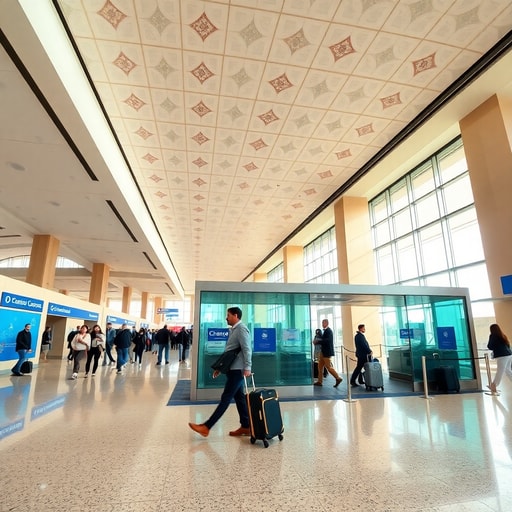 Traveler navigating the arrivals hall near currency exchange services and ATMs at Casablanca Mohammed V Airport