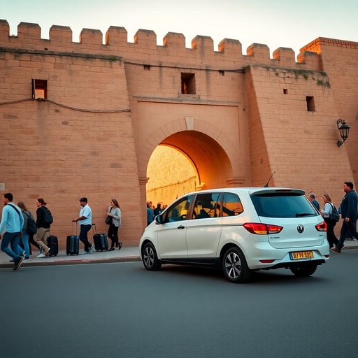 VTC vehicle dropping off passengers at the Old Medina entrance in Casablanca