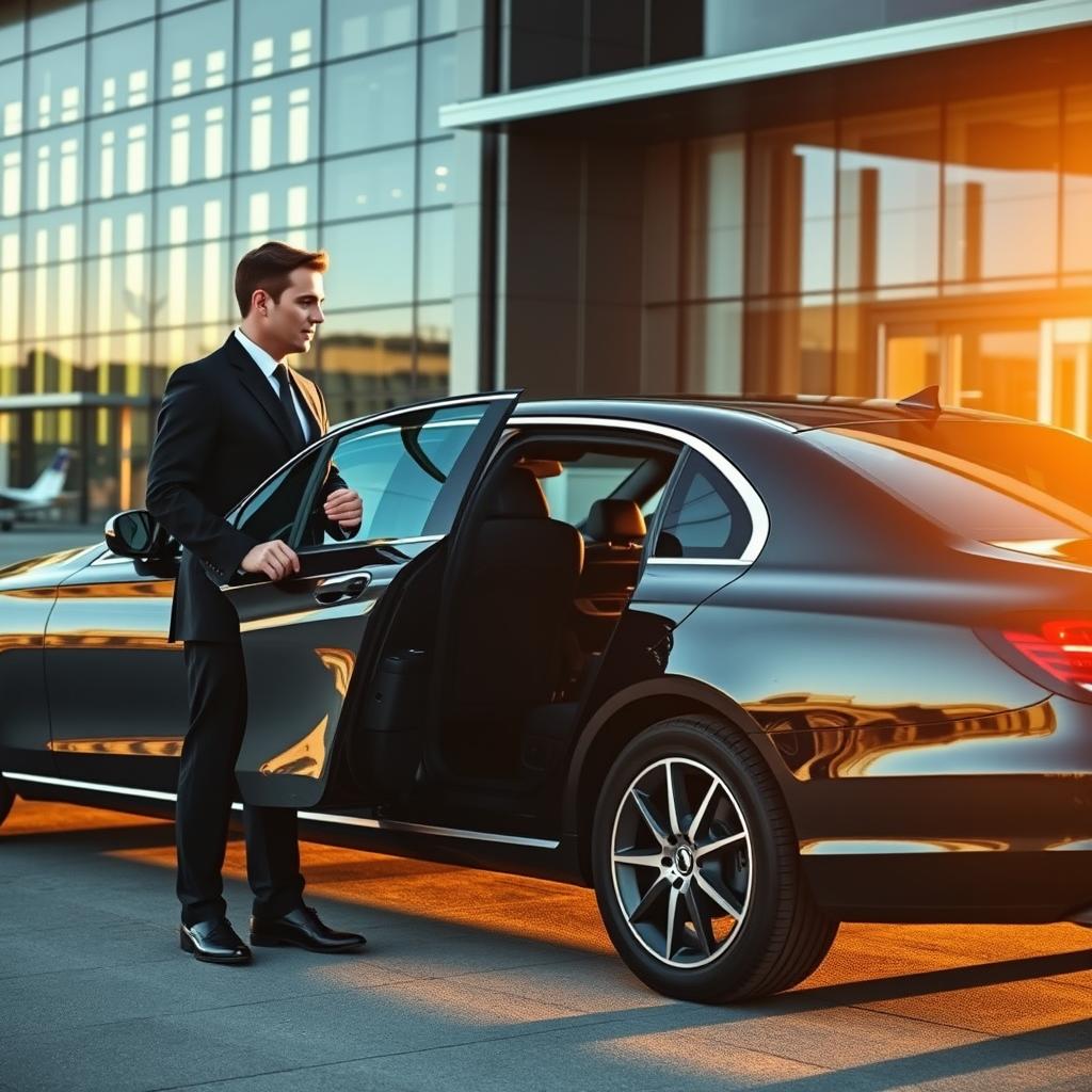 Professional chauffeur opening the door of a luxury Mercedes-Benz for a passenger at the airport