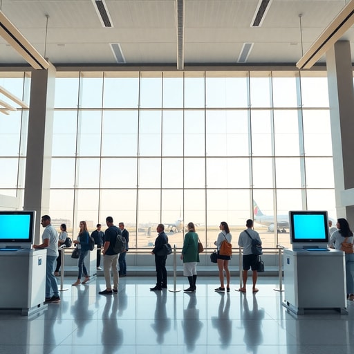 Modern interior of Mohammed V Airport Terminal 2 check-in area with self-service kiosks and travelers