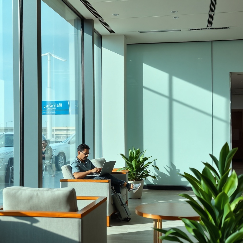 Voyageur profitant d'un salon VIP à l'aéroport Mohammed V pendant une escale Aéroport Casablanca Que Faire 2026, ambiance détendue et services premium