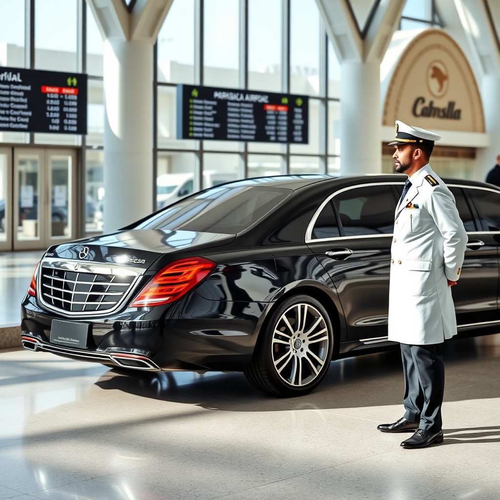 Luxury limousine with chauffeur greeting business traveler at Casablanca Mohammed V International Airport arrival area