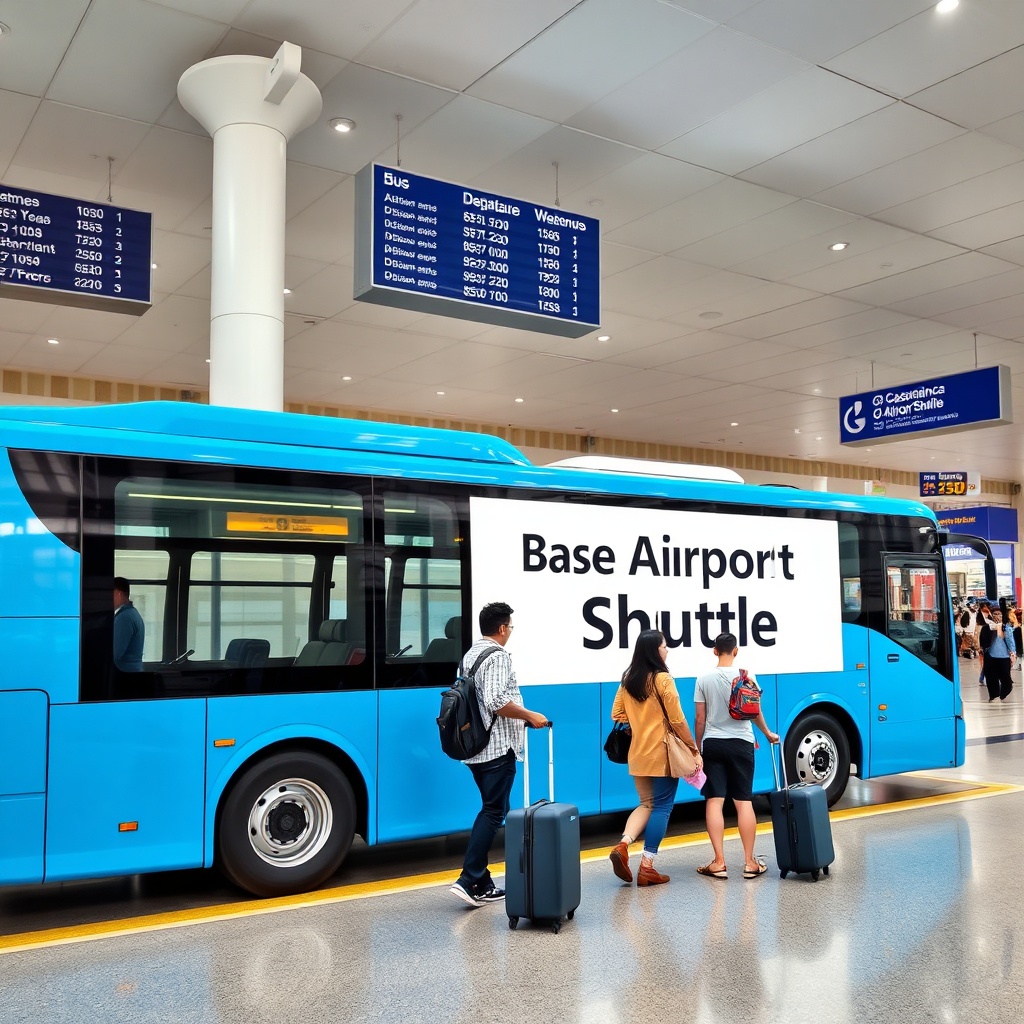Airport shuttle bus at Casablanca Mohammed V International Airport departure area with passengers waiting