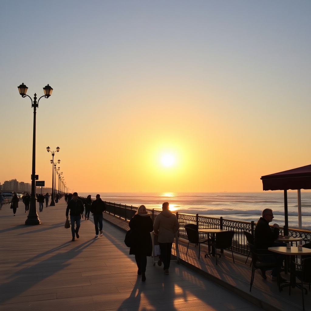Casablanca Corniche during winter season with people strolling and sunset over the ocean
