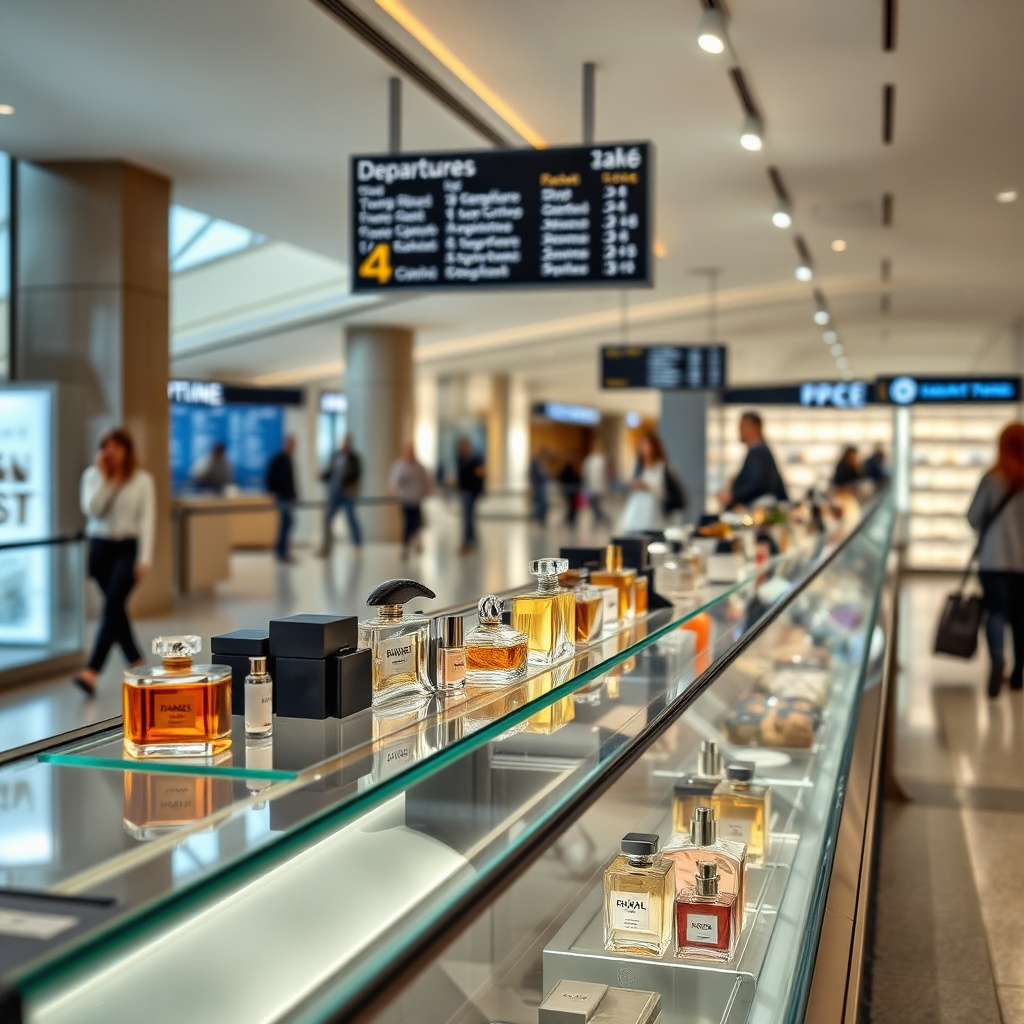 Duty-free shopping area at CMN Airport with luxury perfumes and fragrances