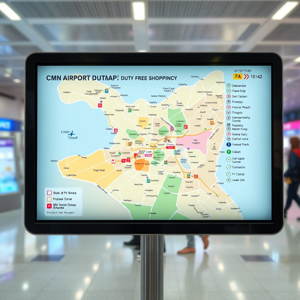 Map of CMN Airport duty-free shopping zones and product categories