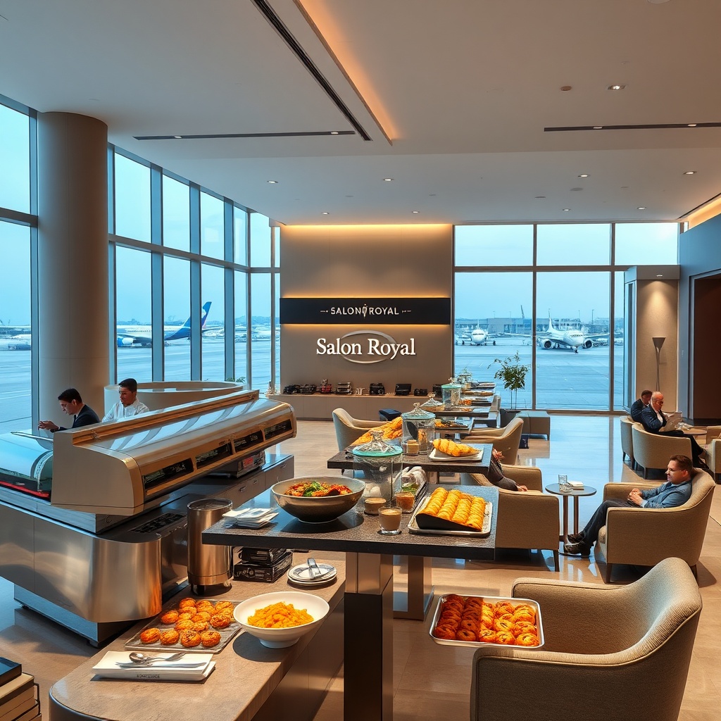 Elegant airport lounge at Casablanca Mohammed V Airport with buffet, seating area, and large windows overlooking the runway