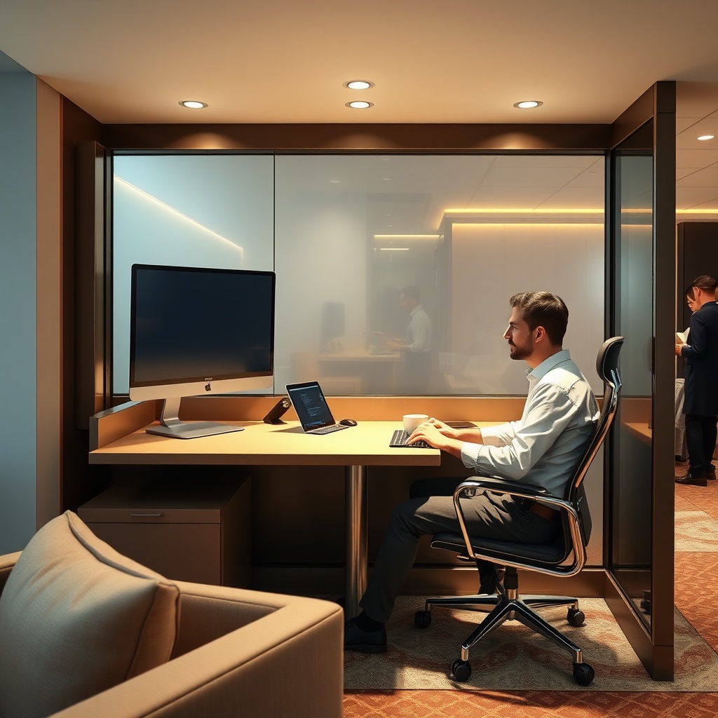 Business traveler working in a private cabin at Casablanca Airport lounge with modern workspace and high-speed internet