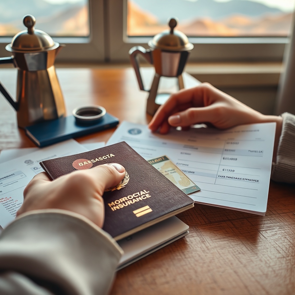 Traveler reviewing Morocco visa, travel insurance, and travel documents before departure