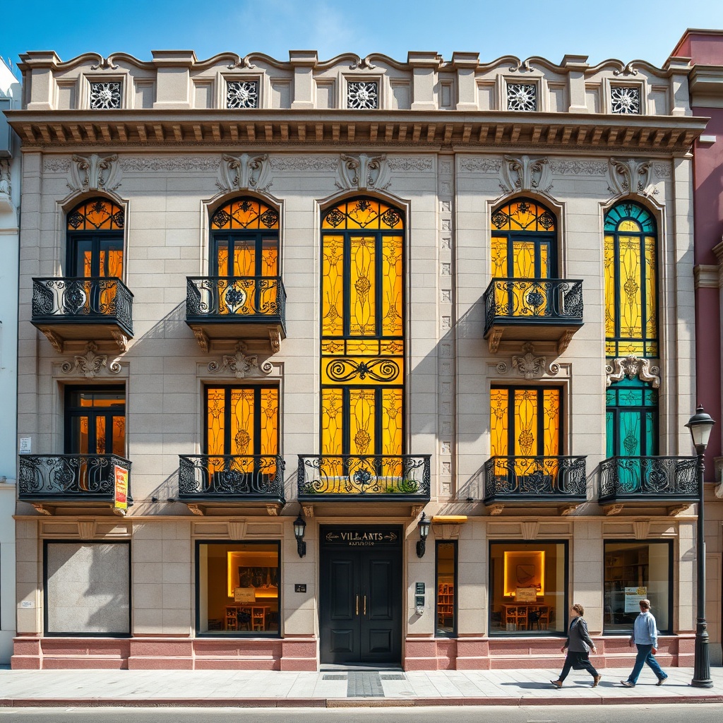 Art Deco Villa des Arts facade in Casablanca, Morocco, featuring wrought‑iron balconies and colorful stained‑glass windows under bright sunlight