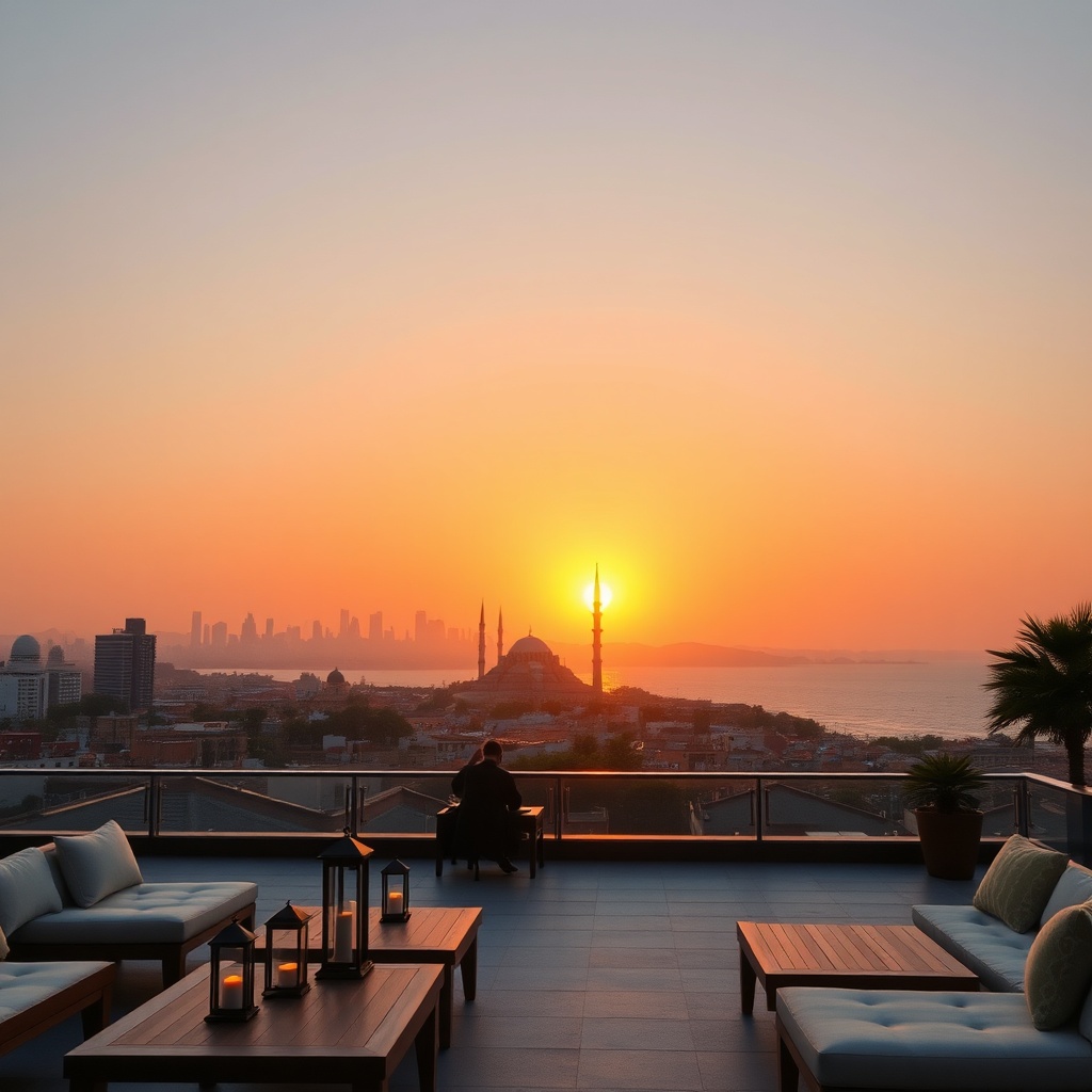 Casablanca rooftop terrace overlooking the Atlantic Ocean with the Hassan II Mosque silhouette at sunset