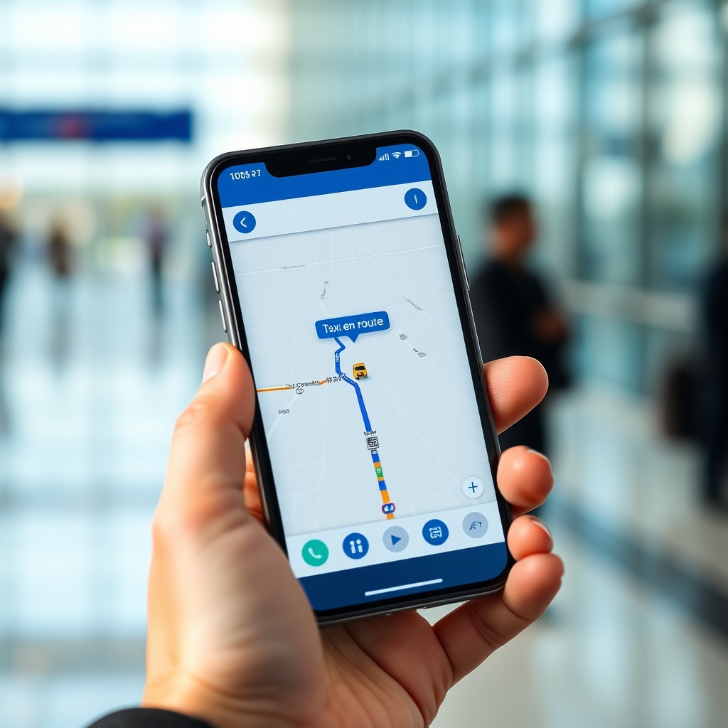 Passenger using smartphone app to book and track airport shuttle taxi service