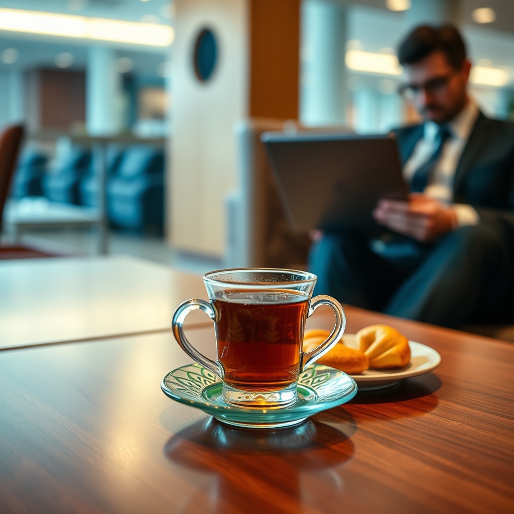 Relaxing in a premium lounge during an escale aéroport Mohammed V with Moroccan tea and high-speed Wi-Fi