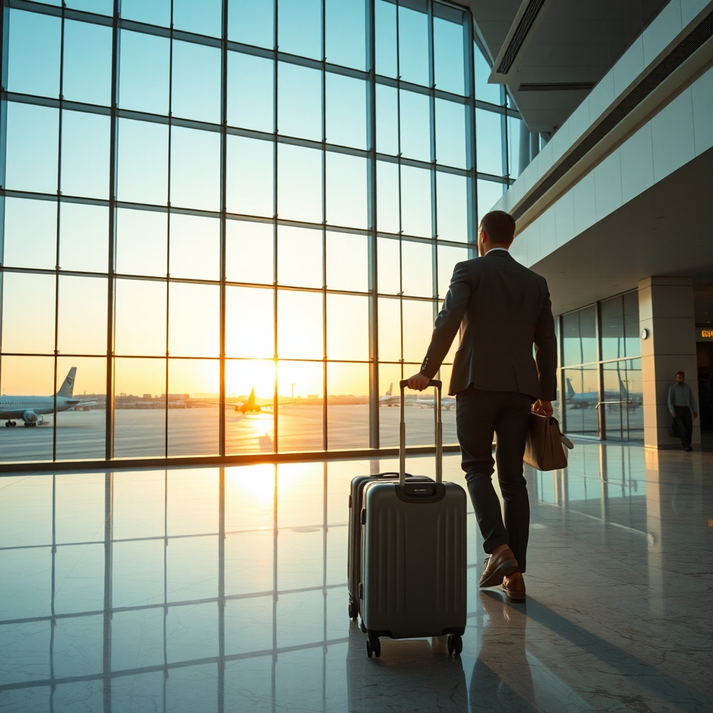 A passenger navigating the modern terminal during an escale aéroport Mohammed V with a view of airplanes on the tarmac