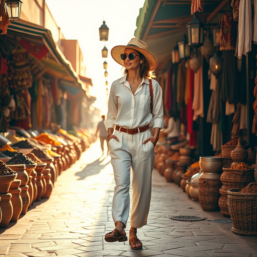Tenue de voyage au Maroc montrant un look léger en lin et coton dans les souks animés de Marrakech, idéal pour les températures chaudes