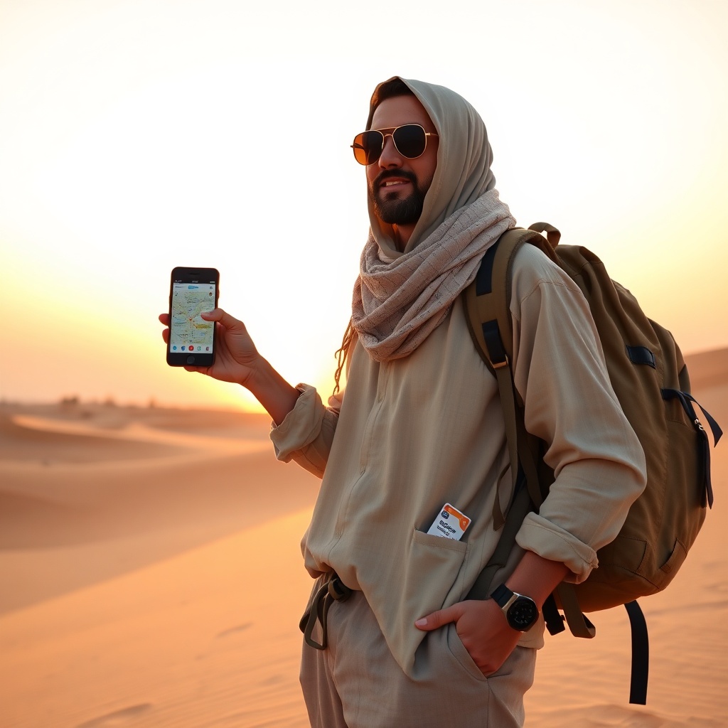 Voyageur en tenue modeste et accessoires indispensables, illustrant les essentiels à emporter pour séjour au Maroc : vêtements en lin, carte SIM locale, carte GPS hors ligne, prêt à explorer le désert du Sahara.