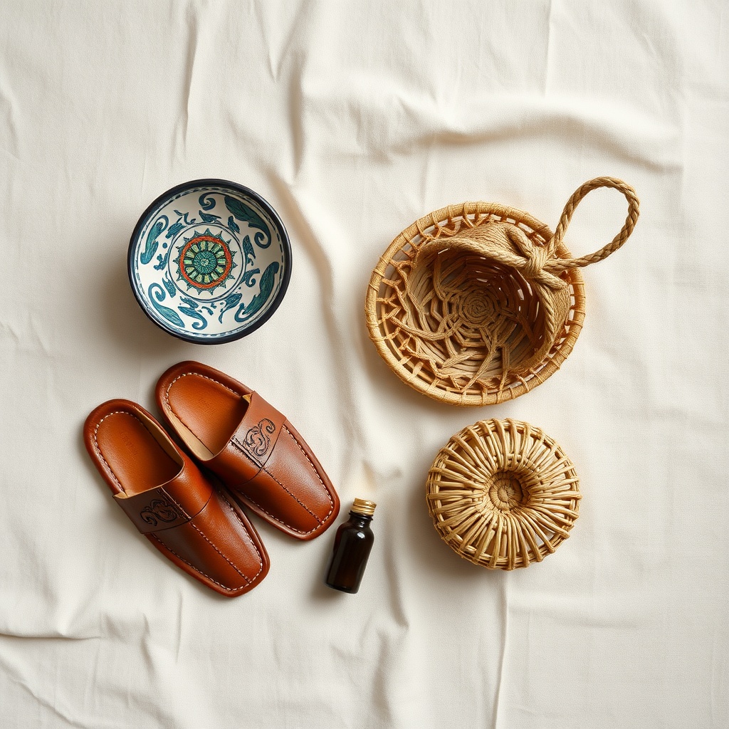 Collection of souvenirs authentiques casablanca showcasing local pottery and leather goods