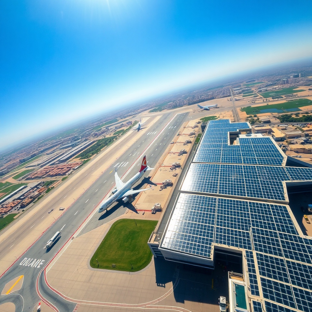 Vue aérienne de l'Aéroport Casablanca Mohammed V illustrant la nouvelle piste et les installations durables dotées de panneaux solaires.