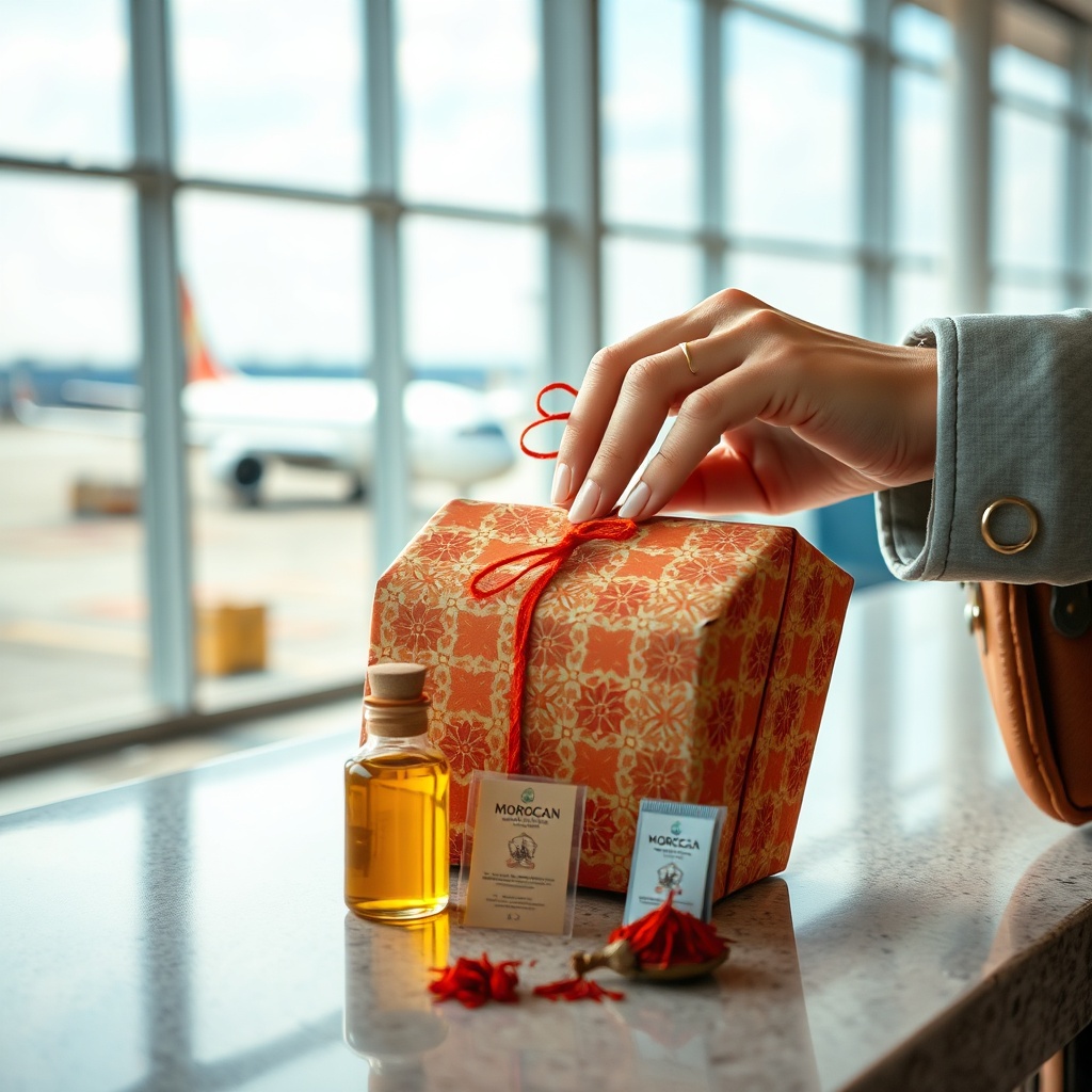 Traveler selecting Moroccan gifts at airport with argan oil and saffron in hand, best souvenirs from Morocco duty-free