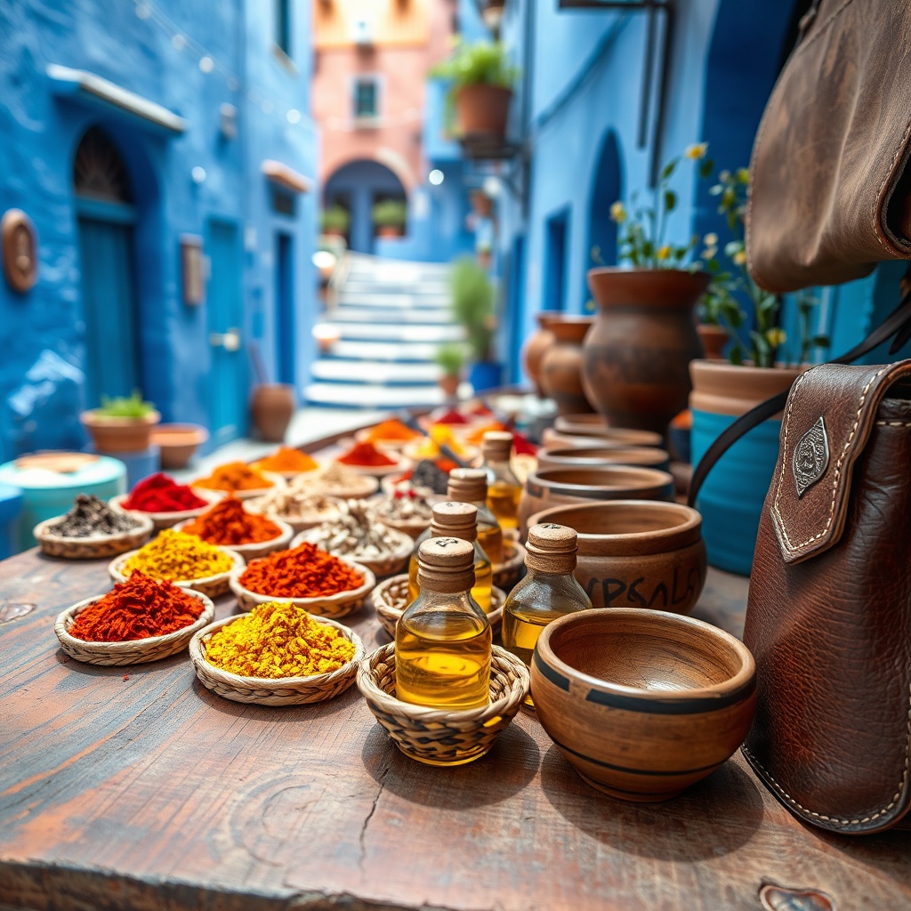 Chefchaouen souvenirs à acheter à CMN - market stall with Moroccan spices, argan oil, cedar wood crafts, and leather goods in the blue city of Chefchaouen.