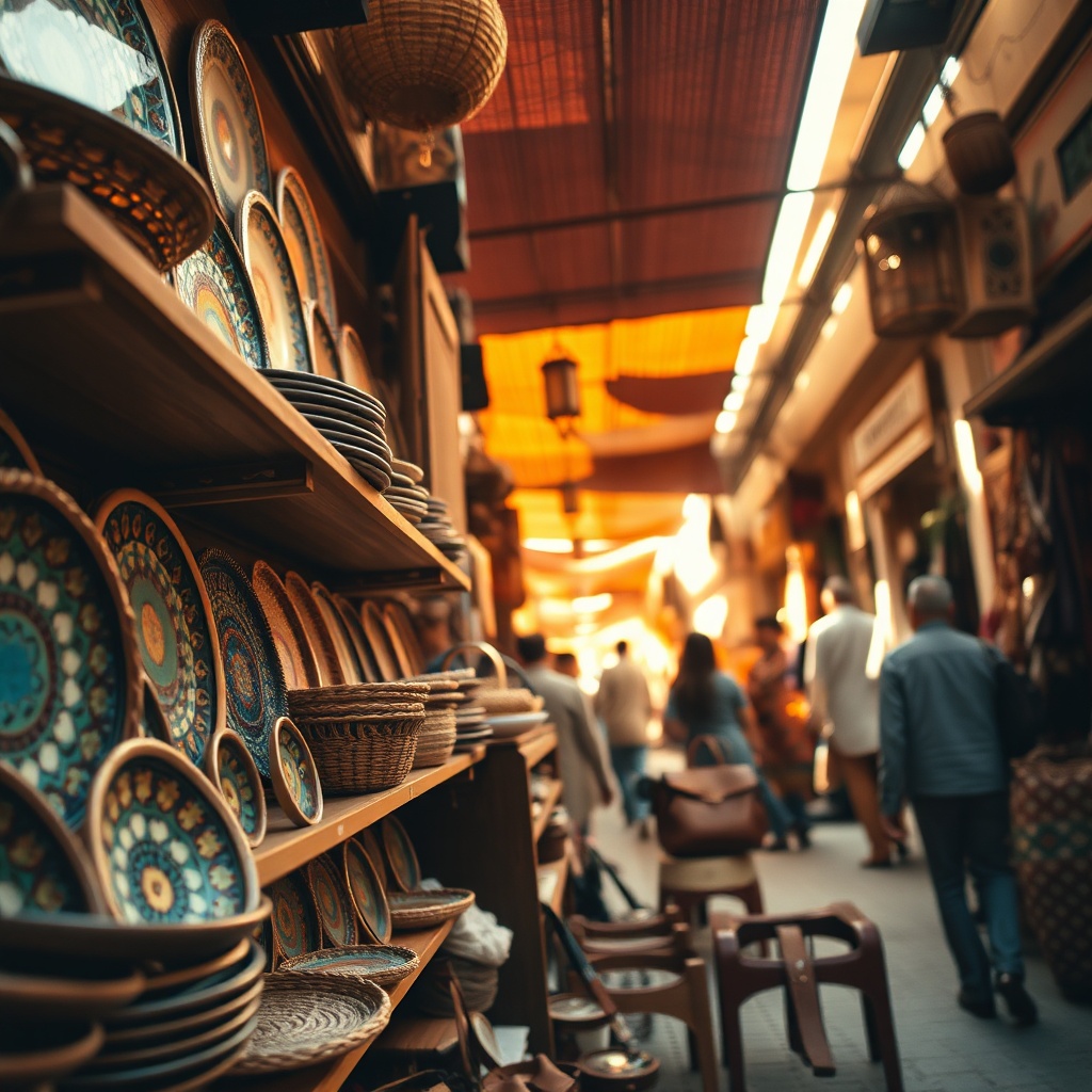 Vibrant display of traditional Moroccan souvenirs and handicrafts including ceramics and leather goods in a souk market.