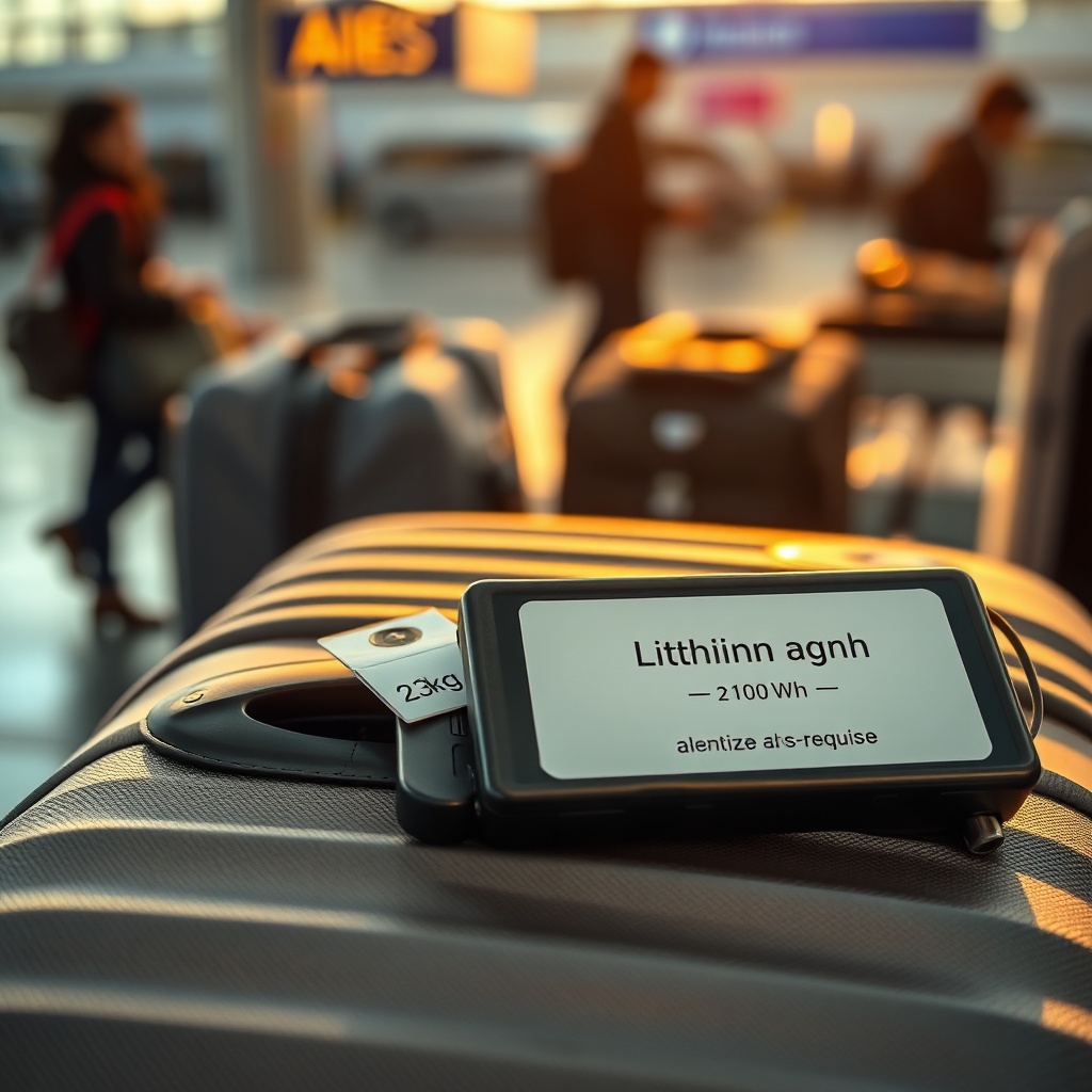Valise sur le carrousel avec étiquette poids 23 kg et batterie lithium‑ion, illustrant les restrictions bagages avion