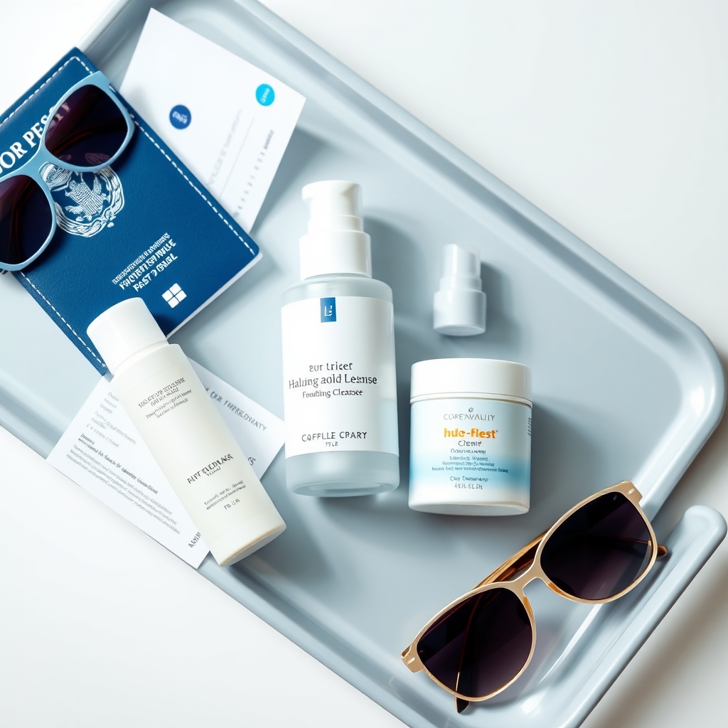 Flat‑lay de produits de soin – nettoyant, sérum à l’acide hyaluronique, SPF 50+ – pour une routine beauté post‑vol efficace