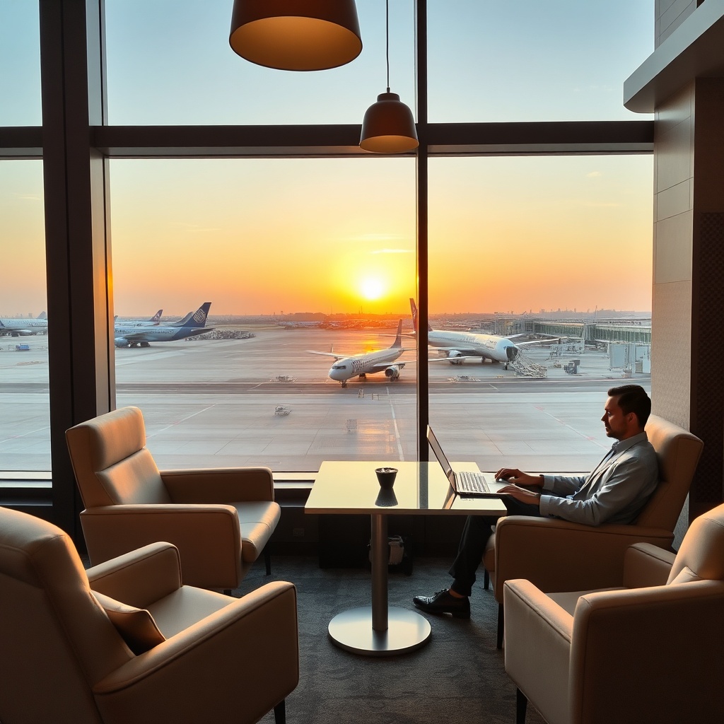 Détente et travail dans un salon premium lors d'une escale parfaite aéroport Casablanca.