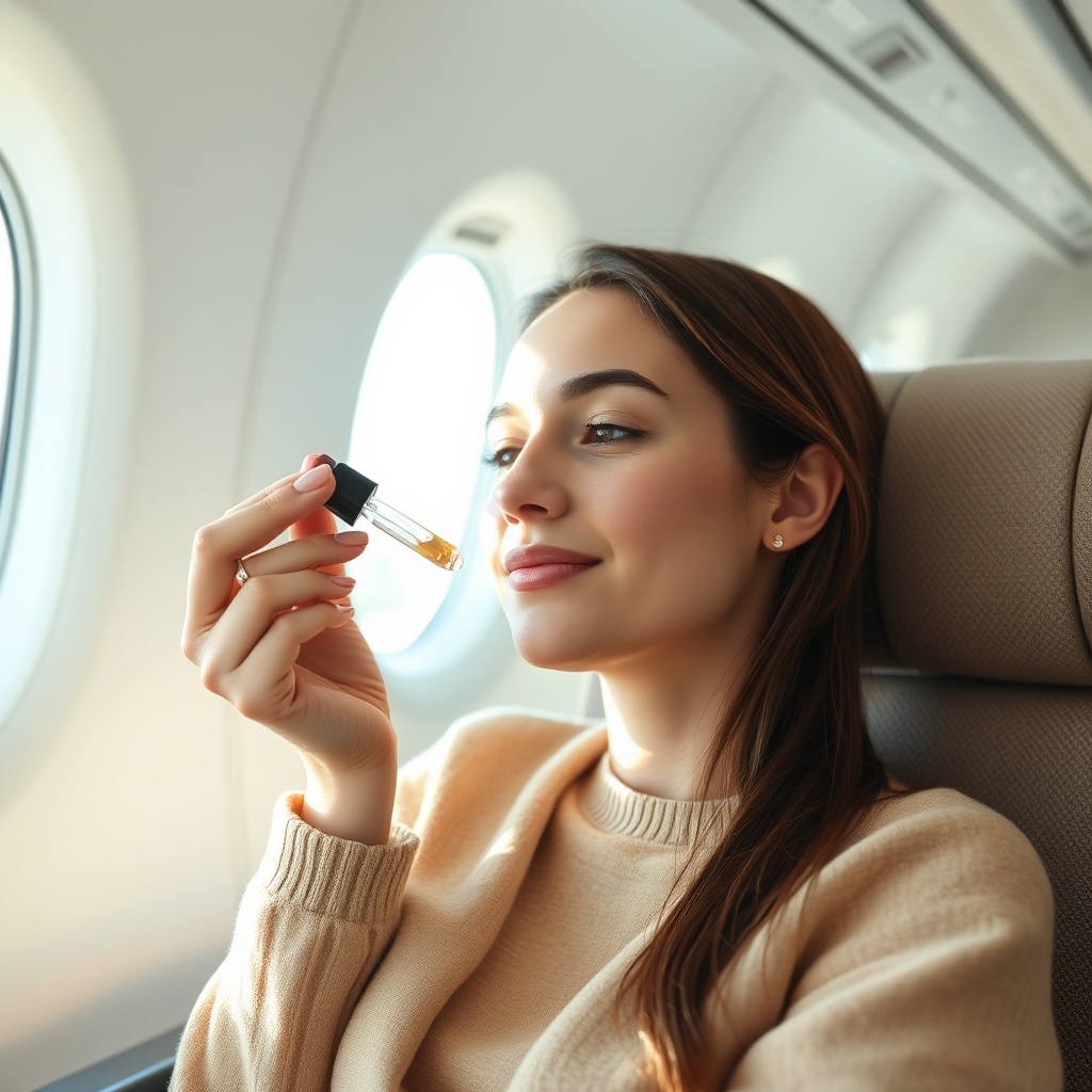 Femme voyageuse appliquant une crème hydratante dans un salon d'aéroport, illustrant une routine beauté post‑vol pour restaurer l'hydratation de la peau après le décollage