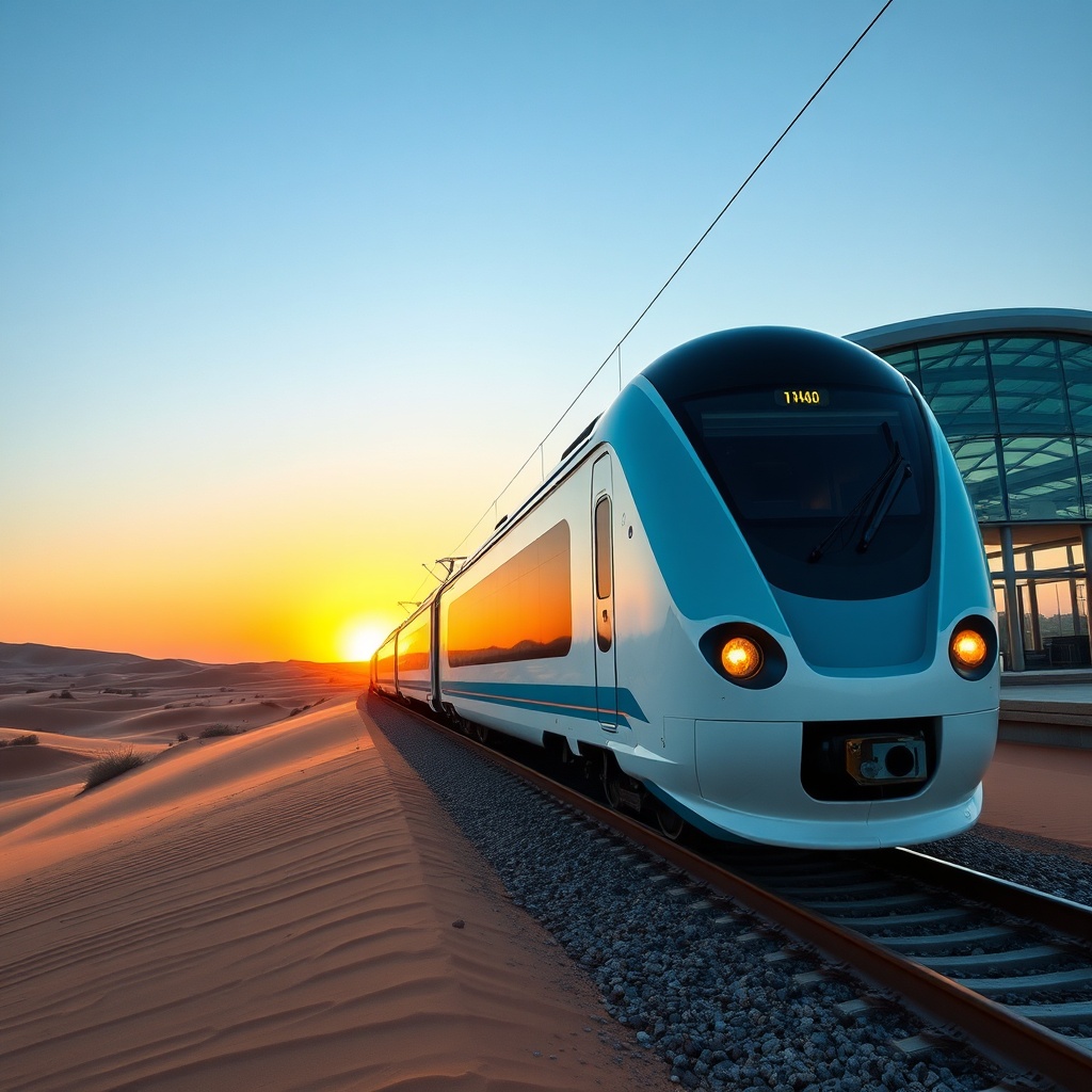 Train à haute vitesse traversant le désert marocain, illustrant comment préparer voyage Maroc 2026 en privilégiant les transports rapides et écologiques