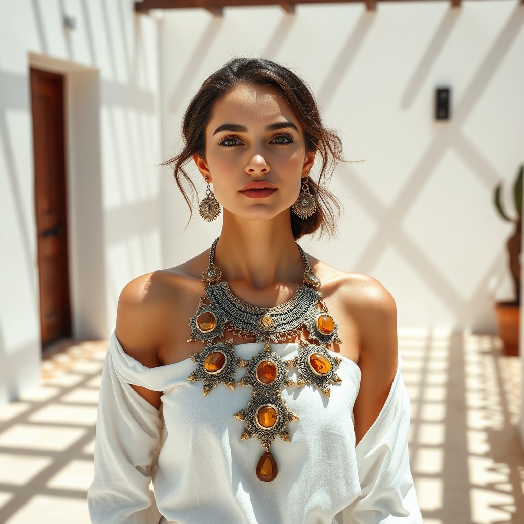 Modèle portant un collier authentique en bijoux marocains avec des motifs berbères et des pierres d'ambre, alliant tradition et mode moderne.