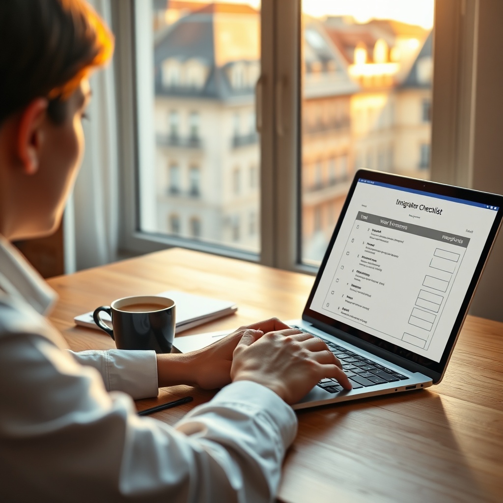 Expat preparing administrative documents and visa papers using guide arrival and formalities