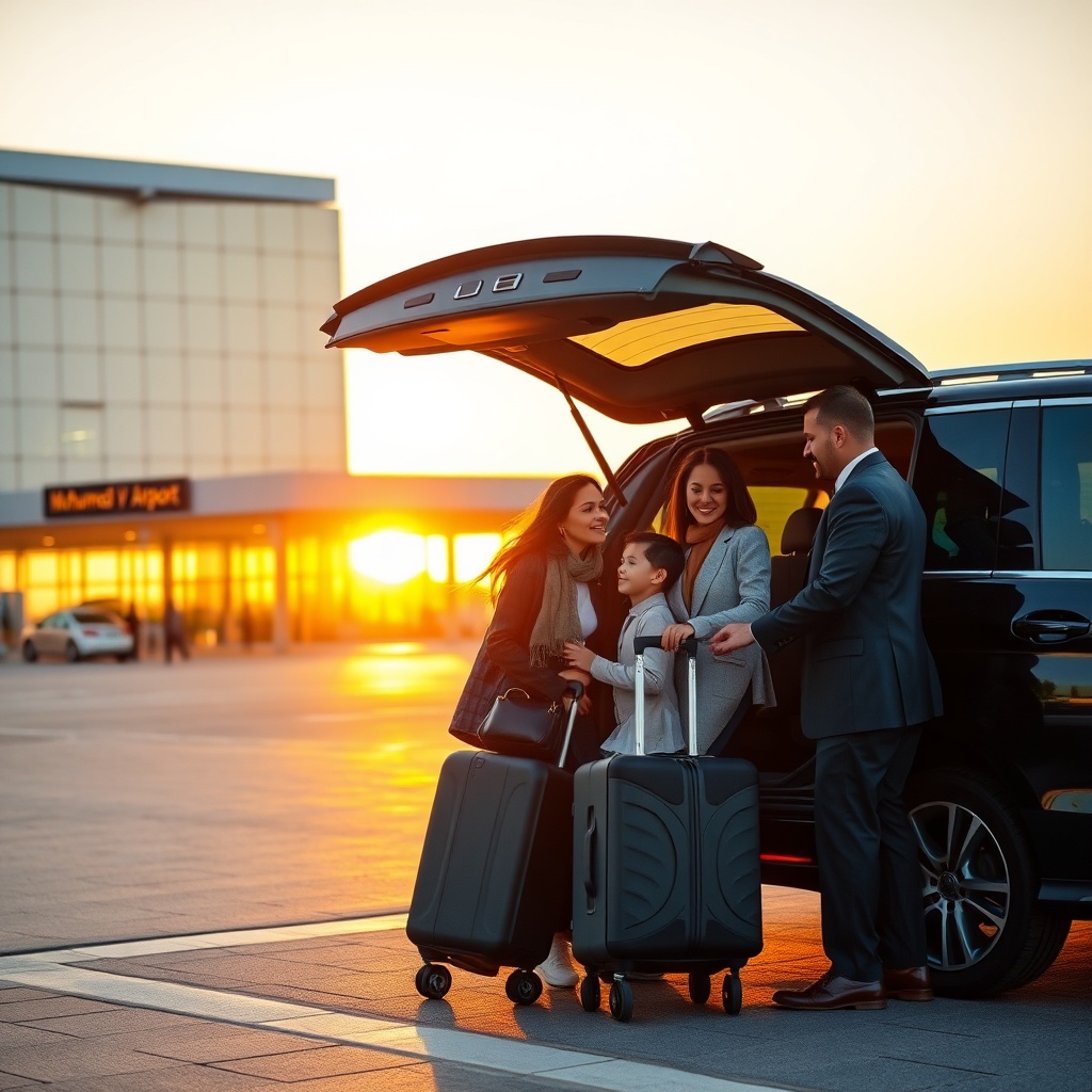 Family with luggage being assisted by a professional driver into a luxury VTC for a private transfert aéroport Casablanca at sunset