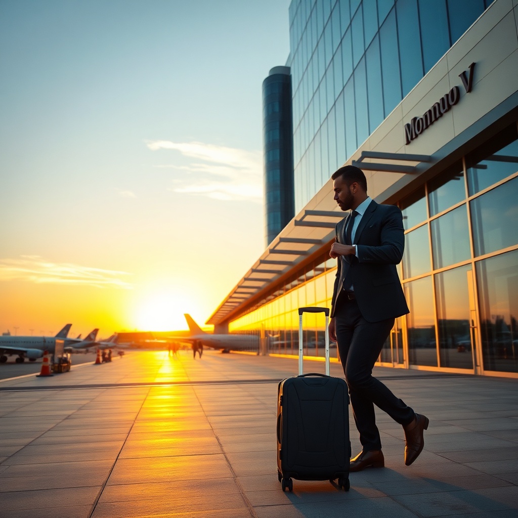 Exterior of Escale Aéroport Mohammed V at sunset with travelers and airplanes in the background