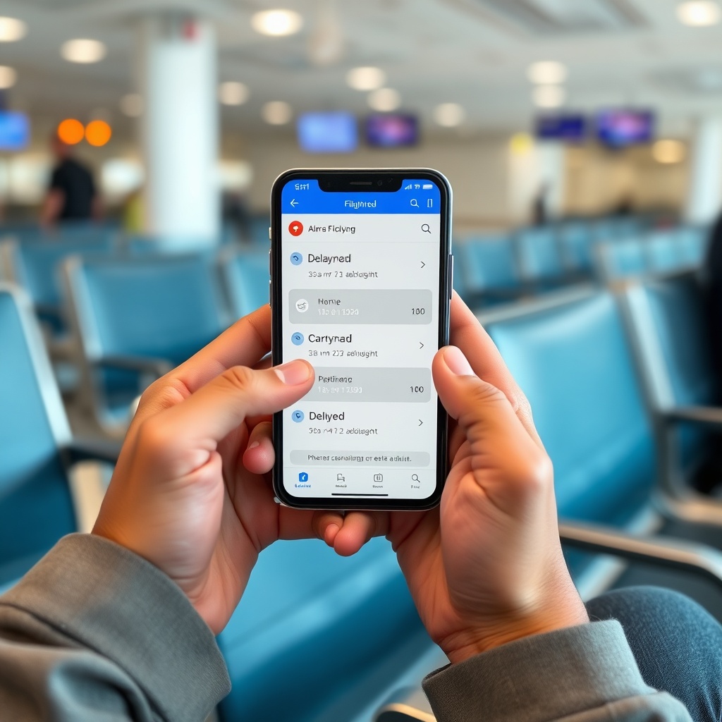 Voyageur vérifiant une alerte de vol retardé sur son smartphone à l'aéroport de Casablanca