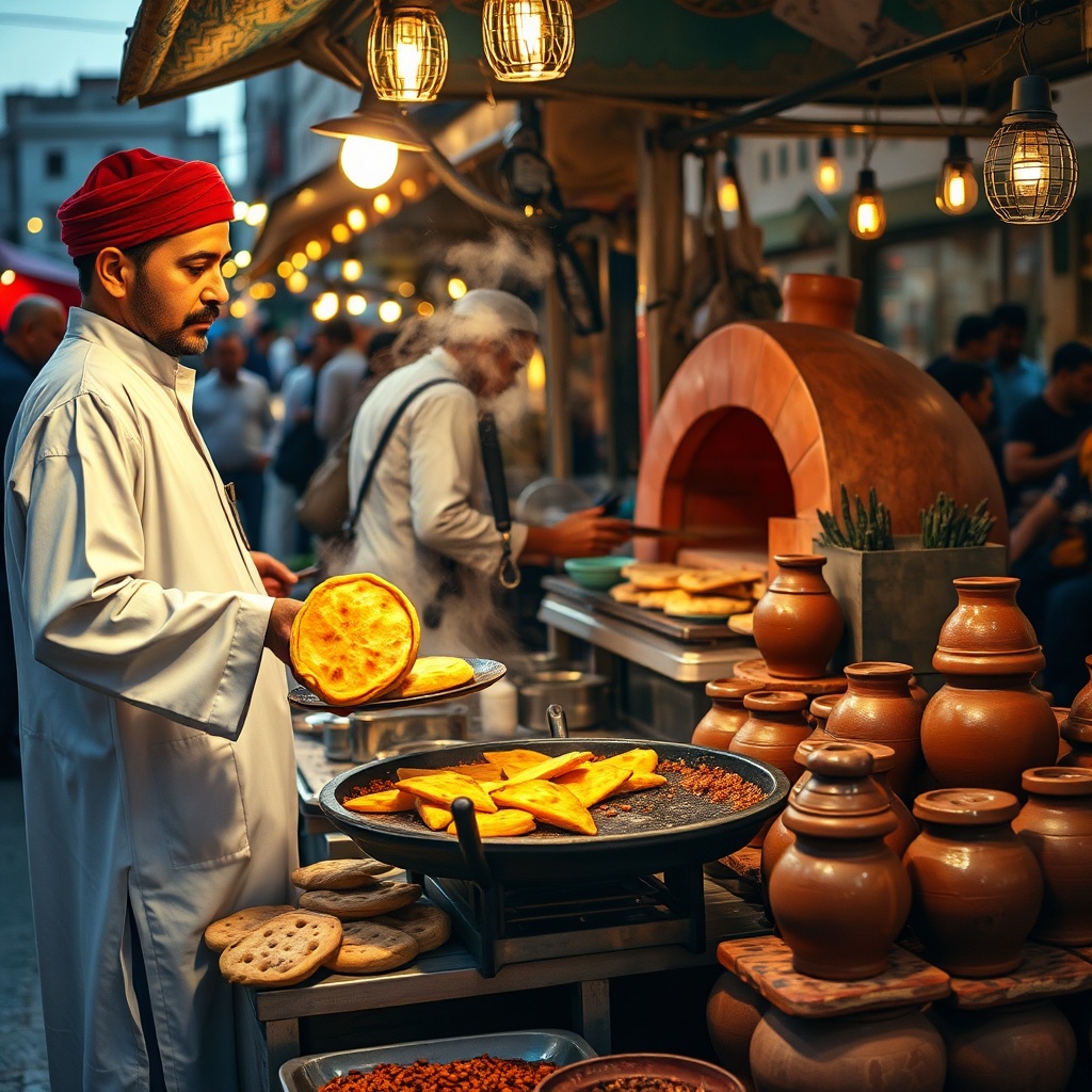 Bustling Habous market stall serving msemen and authentic spécialités culinaires Casablanca at dusk with vibrant spices and traditional attire