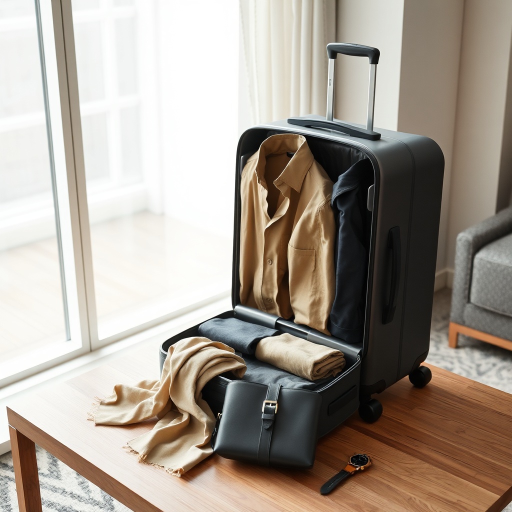 Une garde-robe capsule minimaliste disposée autour d'une valise cabine pour voyager léger et élégant, illustrant la règle des trois couleurs et l'importance des matières nobles.