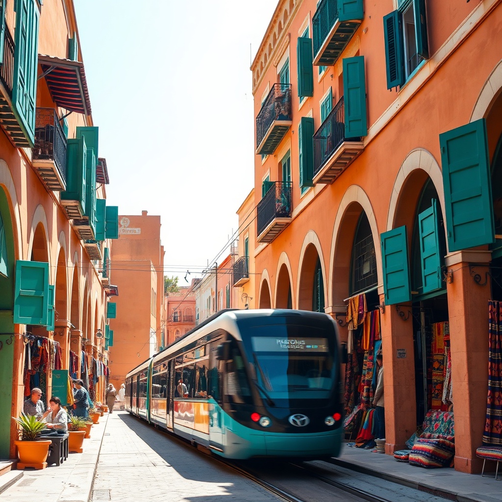 Ruelle animée du quartier des Habous avec commerces traditionnels et liaison ferroviaire moderne, idéale pour une escale à Casablanca afin de combiner découverte culturelle et déplacements rapides vers le centre