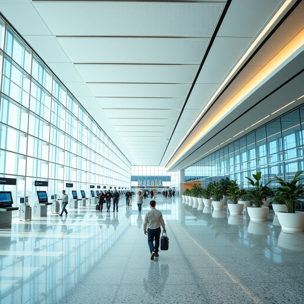 Interior view of the nouveau terminal mohammed v casablanca showcasing advanced passenger processing areas, automated baggage handling, and modern travel amenities designed for a seamless airport experience.