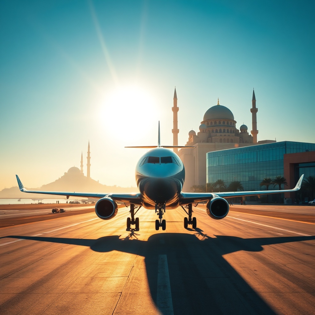 Arrivée en avion vers casablanca offrant une vue panoramique sur l’aéroport Mohammed V et la mosquée Hassan II lors d’un atterrissage ensoleillé.