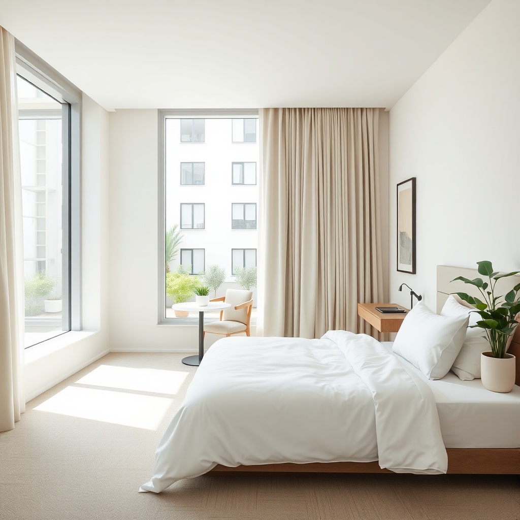 Bright, modern hotel room interior at a budget-friendly hôtel aéroport casablanca with natural daylight, neutral decor, and convenient layover amenities.
