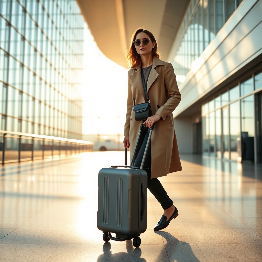 Un voyageur se déplace avec aisance en tirant une valise cabine, incarnant parfaitement l'art de voyager léger et élégant grâce à un style minimaliste et pratique.