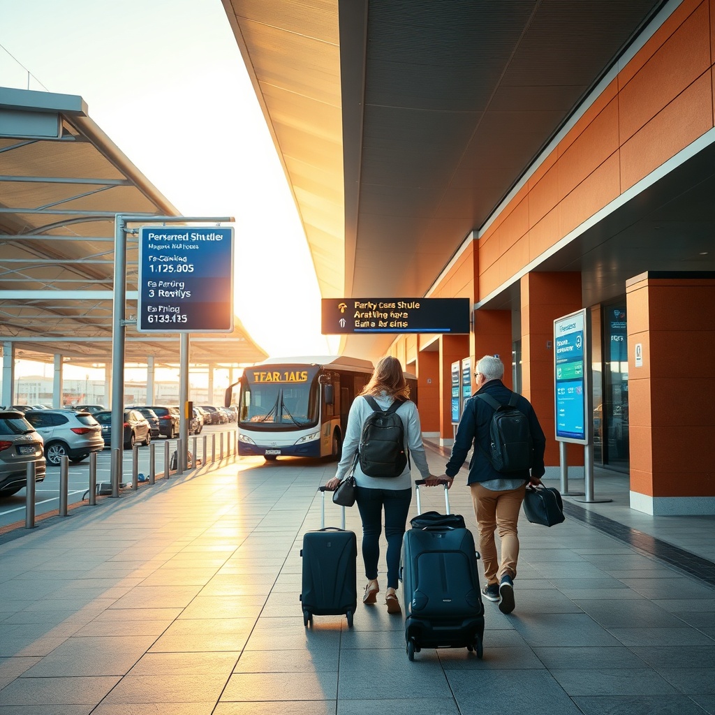 Allée piétonne sécurisée reliant le Parking aéroport Casablanca au terminal principal, accompagnée d'une navette aéroportuaire et d'informations en temps réel sur les tarifs et la disponibilité des places de stationnement.