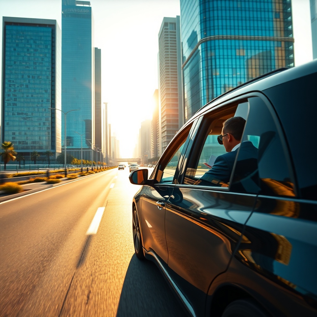 Transfert privé et VTC modernes naviguant sur les axes urbains reliant l’aéroport Mohammed V au quartier des affaires de Casablanca, véhicule électrique élégant face à un skyline corporate vitré et lumineux.