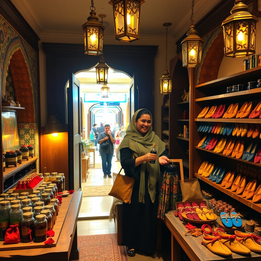Moroccan artisan products like argan oil, saffron, and babouches on display at shopping aéroport Casablanca, with a shopkeeper assisting a traveler.