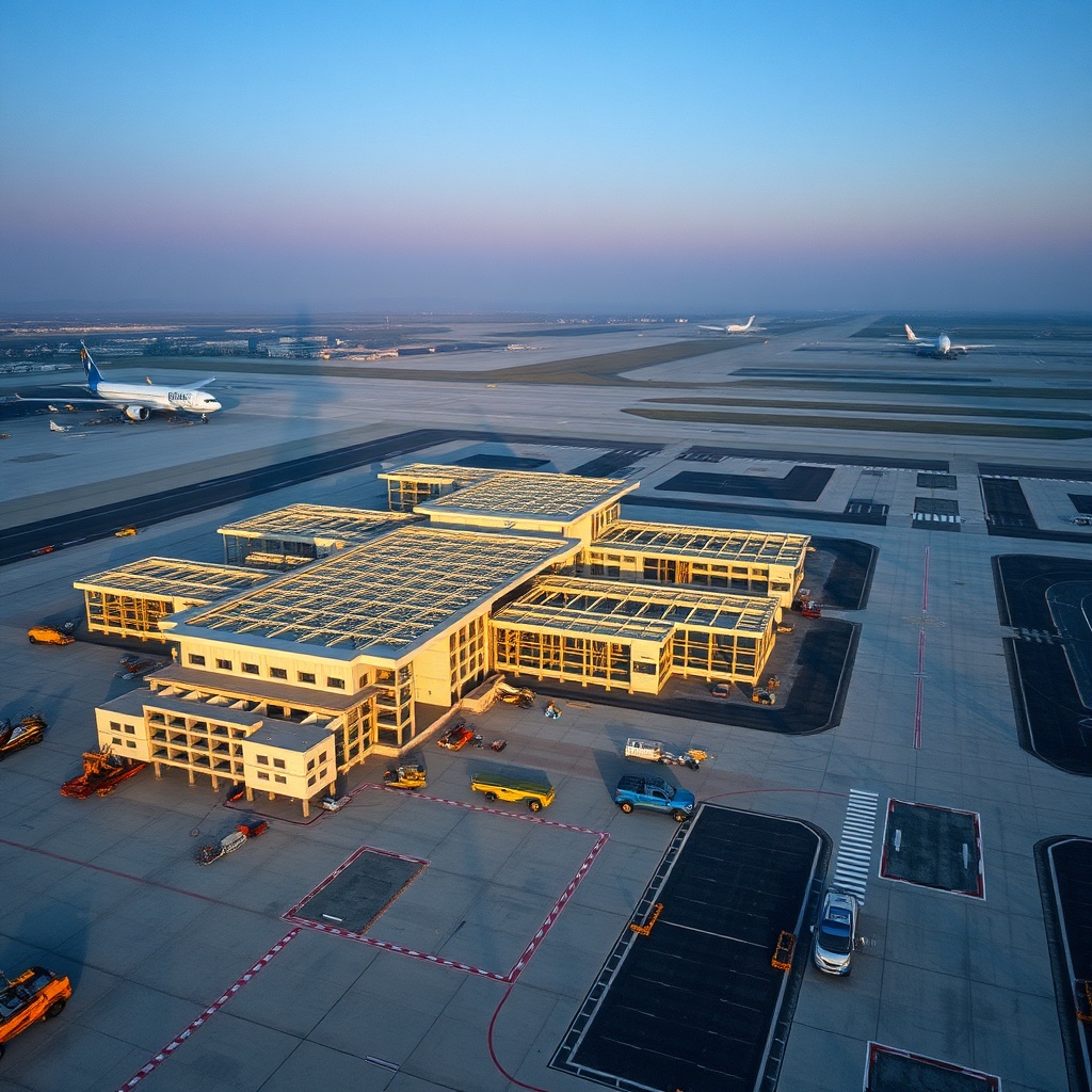 Vue aérienne du projet d’extension du nouveau terminal aéroport mohammed v, illustrant la construction par phases et la montée en capacité de l’infrastructure aéroportuaire marocaine vers son avenir stratégique.