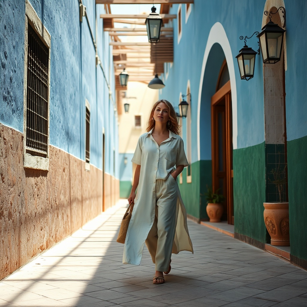 Femme explorant une médina avec les meilleures tenues pour visiter le Maroc en été, vêtue de lin respirant et de coupes amples respectueuses de la pudeur locale.
