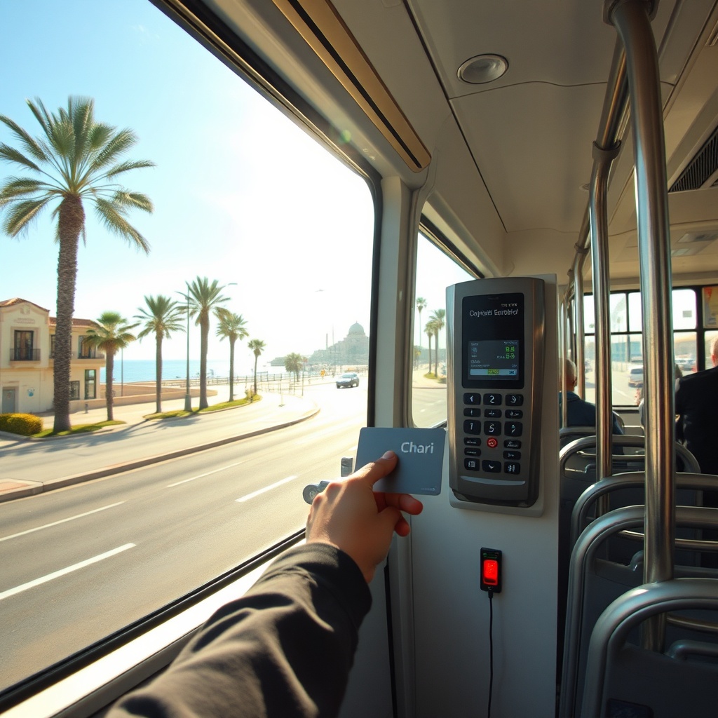 Passenger using a rechargeable transit card aboard a Bus Casablanca vehicle, demonstrating the convenient cashless payment system and modern fleet design.