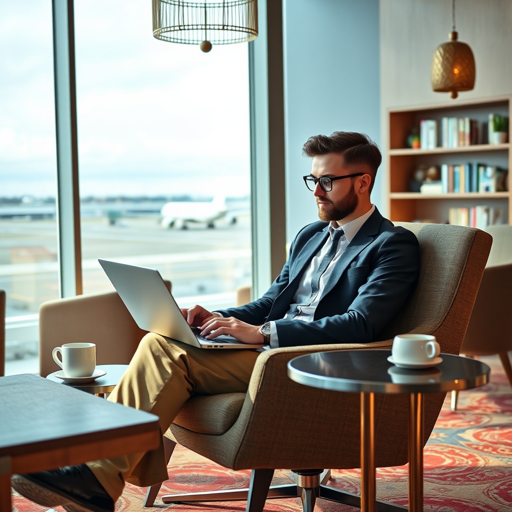 Voyageur d'affaires dans un salon aéroport Casablanca, travaillant au calme avec vue sur les avions